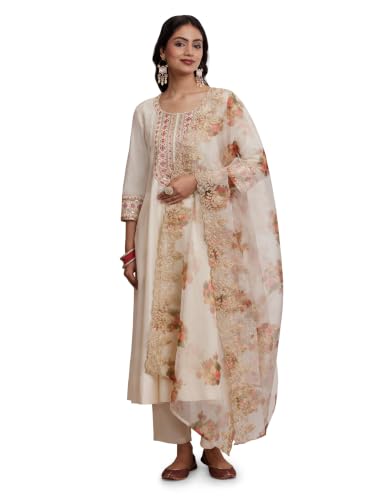 Image of Amazon Brand - Myx Women's Embroidered Anarkali Kurta Suit Set with Organza Dupatta | A-Line Fit (Available in Plus Sizes)