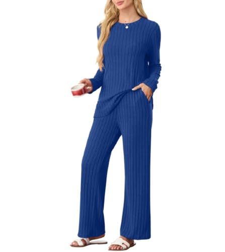 PrinStory Conjuntos de Pijama para Mujer, Pijamas Rayados para Mujer, Conjuntos de Ropa de Salón Informal, Conjuntos de Camisetas de Manga Larga y Pantalones de Pijama con Bolsillos, azul real, S