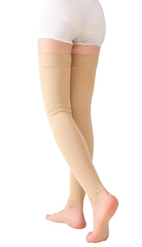 Image of TOFLY Medical Thigh High Compression Socks Footless for Women & Men, Opaque Support Hose, 15-20mmHg Graduated Compression Stockings with Silicone Band for Varicose Veins, Edema, DVT, 1 Pair Beige M