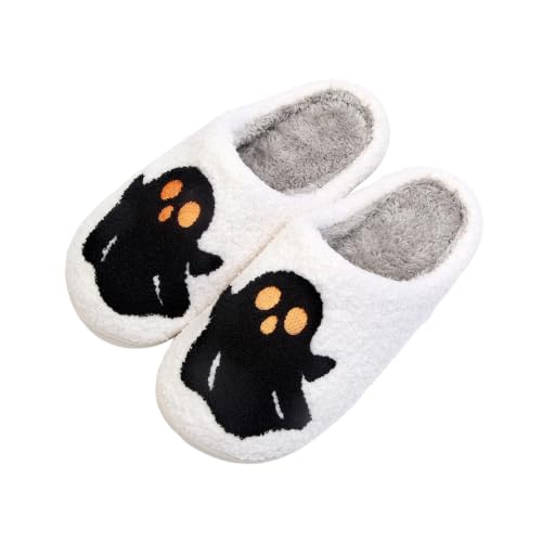 AISILLI Halloween Ghost Slippers for Women, Cute Black Ghost Embroidered Fuzzy House Slippers, Cozy Plush Warm Non-Slip Indoor Bedroom Slippers PLAN-1 41-42