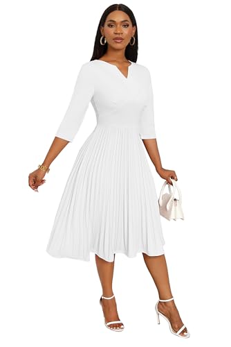 CLOCOR Midi Dresses for Women Casual Wrap Flared Pleated Dress A Line 3/4 Sleeve V Neck Church Cocktail Wedding Guest Dress2