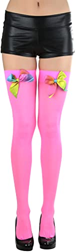 Image of ToBeInStyle Women's Opaque Long Thigh High Stockings w /Decorative Front Satin Bow