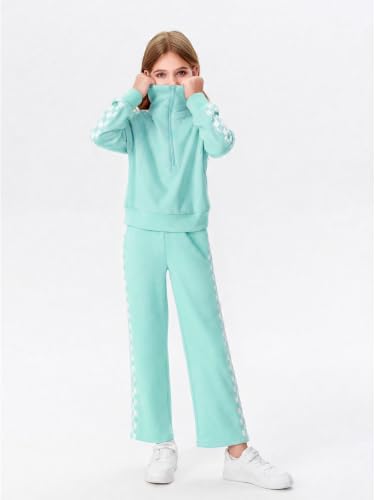 Image of Haloumoning Girls Sweatsuit 2 Piece Zip Long Sleeve Sweat Outfits | Half Zip,Waist drawstring,girls tracksuit