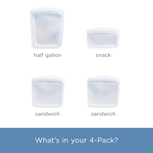 Stasher Silicone Reusable Storage Bags, 4-Pack, Reusable Freezer Bags, Microwave, Dishwasher, Oven Safe, Sous Vide, Premium Lunch Containers, Eco Friendly, Food Storage Bag, Snack Bags, Clear