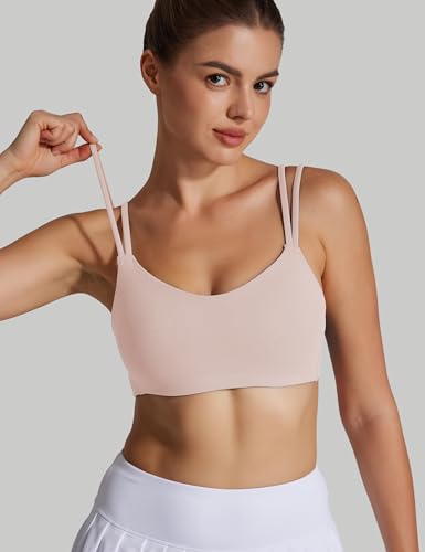 Image of Yoga Sports Workout Bras for Women Seamless Molded Cup Spaghetti Double Strap Bra Wirefree Scoop Neck Tank Top Bras