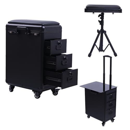 HOINCO Tattoo Trolley Case with 3 Drawers, Adjustable Armrest Stand 2-in-1 Portable Tattoo Toolbox & Table.