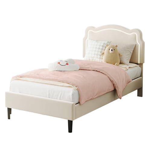 Image of Velvet Upholstered Princess Bed Frame with RGB LED Smart Light, Adjustable Bear Headboard, Wooden Slat Support, No Box Spring Needed, Noise-Free, Easy Assembly, Twin Size for Kids, Twin Beige