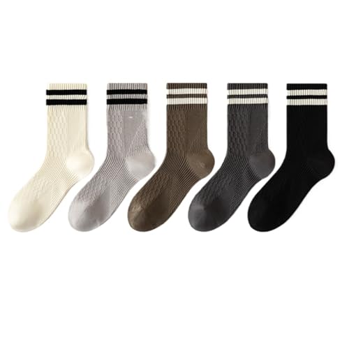 5 Pairs of Men's Striped Mid-Tube Socks, Spring & Autumn Solid Color Breathable Cotton Casual Socks