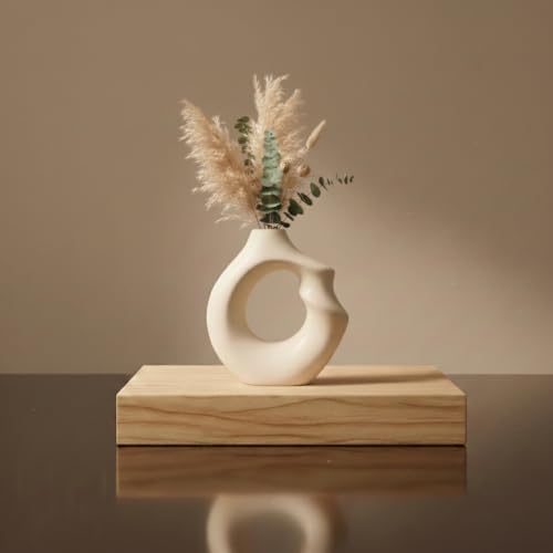 Image of Abstract Ceramic Donut Vase 6 Inch | Modern Nordic Pampas Grass Vase for Home Decor | Decorative Flower Vase for Living Room, Bedroom, Office, Center Table | Matte White