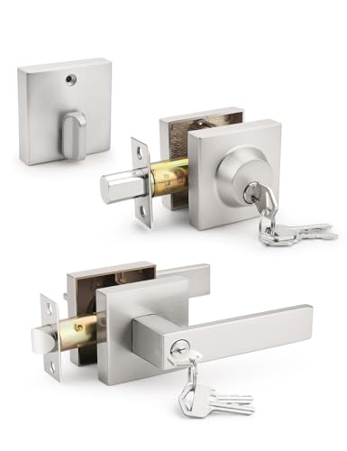 Tinewa 1 Pack Brushed Nickel Keyed Alike Front/Exterior Door Lever with Single Cylinder Deadbolt, Satin Nickel Entry Door Knob Lock Set with Deadbolt, for Entrance/Front and Office Doors