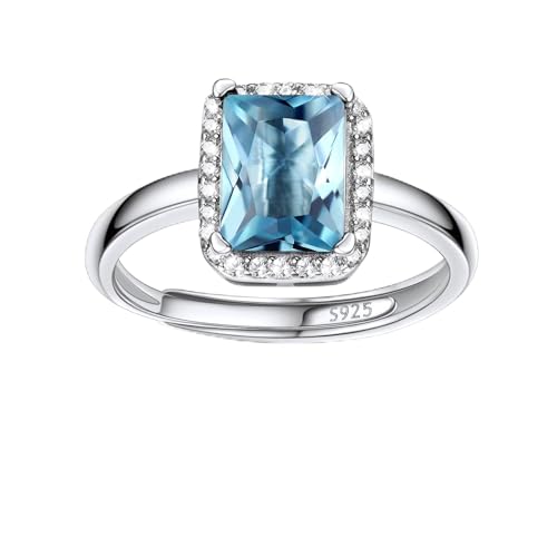 Bestyle Anillo de Plata de Ley 925 Ajustable para Mujer - Piedra Nacimiento Aguamarina Marzo, Circonita Cúbica Pequeña - Elegante Regalo