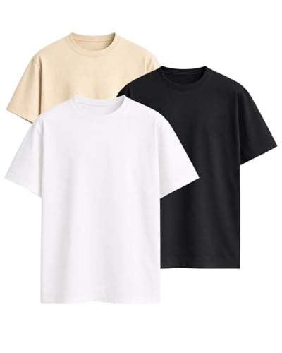 Image of VEL Plain 240 GSM Heavy Cotton Oversized T-Shirt Baggy Fit Drop Shoulder Half Sleeves Round Neck Solid Pure 100% Cotton T-Shirt for Men (Pack of 3)