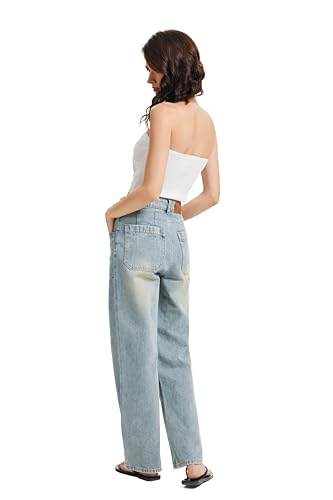 Wide Leg Jeans for Women, High Waist Straight Legs Trendy Front Patch Pocket Denim Pants for Ladies Casual Work3