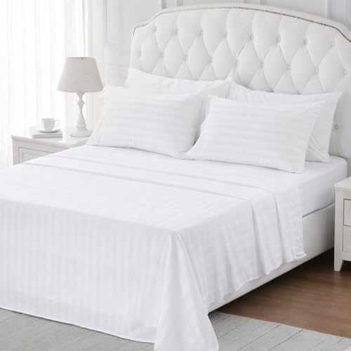 Image of Cott Linen Flat Bed Sheet with 1 Pillow Covers 600 Thread Count 100% Egyptian Cotton Bedsheet Single Size White Stripe Sheet