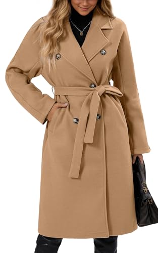 Maeau Langer Mantel aus Tweed, für Damen, zweireihig, Herbst, Winter, lange Jacke, warm, elegant, lässig, langer Trenchcoat mit Gürtel, Größe S bis XL, kaki, 38