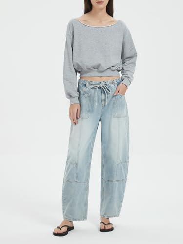 ONESO Women's Barrel Jeans Mid Waisted Wide Leg Boyfriend Jeans for Women Baggy Casual Denim Pants with Drawstring4