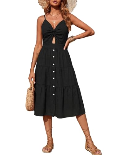 Image of Angashion Women's Dresses-Summer Floral Bohemian Spaghetti Strap Button Down Swing Midi Dress