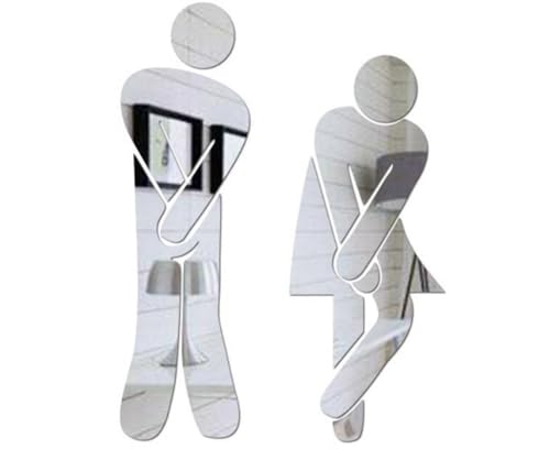 Sticker porte toilette 3D acrylique argent lot de 5 miroirs signalétiques robustes