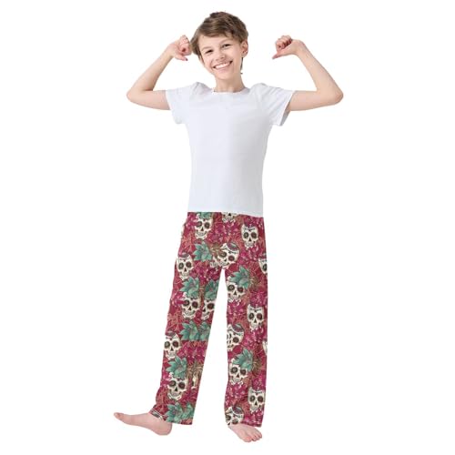 ZZXXB Skull and Flowers Boys Long Pants Soft Trousers Elastic Waist Kids Lounge Bottoms with Pockets S-XL2
