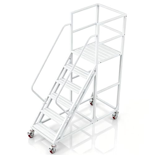 Image of 6 Step Rolling Warehouse Step Ladder, Industrial Mobile Staircase on Wheels, 1100Lbs Weight Capacity, Heavy Duty Mobile Platform Ladder with Handrails, Suitable for Warehouse, Library (White, 6 steps)