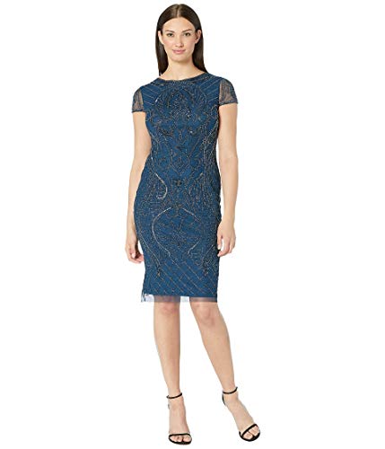 Adrianna Papell Short Sleeve Beaded Cocktail Dress Deep Blue 10