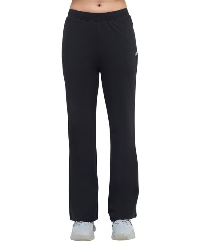 Image of HUNNIT Essential Flare Pants for Women with Zip Pockets | Mid Waist Solid Cotton Tapered Flare Pants | Bootcut Flared Trousers with Wide Elastic Waistband | Relaxed Fit Flared Trouser