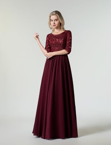Women's Elegant A-Line Sequin Mother of Bride Dress Crew Neck Empire Waist Half Sleeve Chiffon Formal Dress2