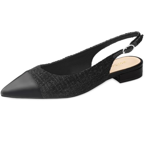 WONDERWAY Women Slingback Flats Tweed Pointed Toe Slingback Flats Cap Toe Dress Shoes for Women