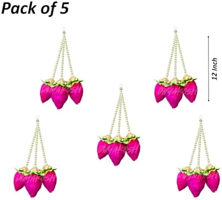 Divyakosh Lotus Hanging Decoration for Pooja Room Mandir Decor Set of 5 12 Inch Solawood Lotus Bud Toran with Pearl Strings Door Wall Festival Diwali Home Decor