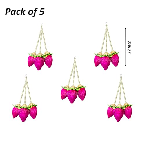 Divyakosh Handmade Lotus Buds Hanging, Pack of 5, Size 1 Ft, Pooja Room Decoration Items, Solawood Lotus Hangings for Mandir Decorations, 12Inches
