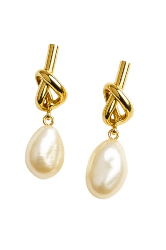 14K Gold Plated Knot Pearl Drop Earrings for Women Elegant Baroque Freshwater Pearl Design Dangle Earrings, Minimalist Gold Twist Design, Lightweight Statement Jewelry for Long Wear, Dainty Chic Classy and Classic