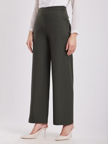 Image of FableStreet Women's Formal Trousers | Wide-Leg Design with Mid-Rise Waist | Solid Pattern & Plain Weave Fabric | Office Wear & Business Meetings