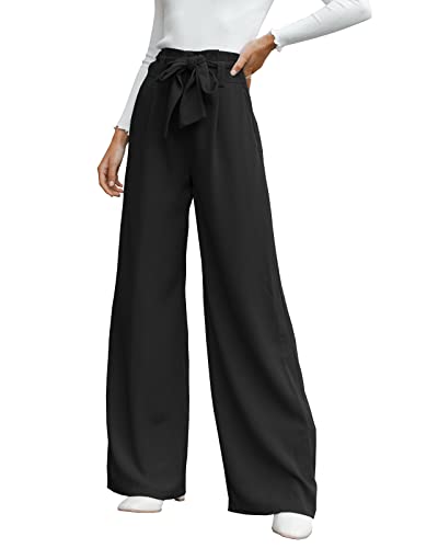 Cicy Bell Damen Weite Bein, Stoffhose Damen Hohe Taille Palazzo Hose, Leicht, Lockere Freizeithosen, Hose Krawatte Knoten Taschen-Elegant Casual Weite Hose,Hosen-Schwarz, XXL