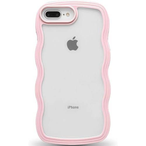 Image of GoldKart iPhone 7 Plus / 8 Plus Case Wavy Edge Clear Back Design, Anti-Slip Grip Cute Wave Curly Frame Shape Shockproof Soft TPU & Hard PC Bumper Protective Phone Case Cover for Women Girls - Pink