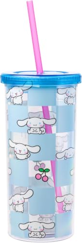 Image of Silver Buffalo Sanrio Hello Kitty and Friends Cinnamoroll Cherry Blue Checkered Plastic Cold Cup with Lid and Straw, 20 Ounces (Pack of 12)