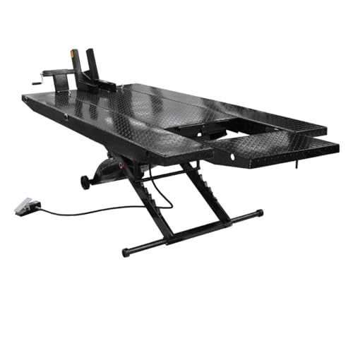 Atlas Automotive Equipment CYCLELIFT-XLT Portable Motorcycle Lift with 12" Side Extension Kit, 1,000lbs. Capacity, 33″ Full Lift Height, 93″ Table Length, Air-Operated, Diamond Plate Surface