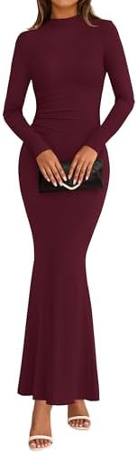dowerme Fall Dresses for Women 2025 Formal Mock Neck Long Sleeve Ruched Knit Bodycon Mermaid Maxi Wedding Guest Dress