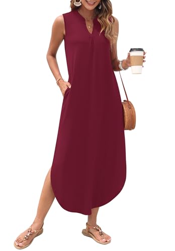 Image of AUSELILY Womens Summer Casual Maxi Dresses 2026 Sleeveless Long Beach Dresses V Neck Loose Sundresses with Side Split Pockets