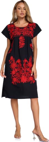 Image of YZXDORWJ Women Mexican Embroidered Long Dress Ruffle Collar Maxi Boho Floral Summer Short Sleeve
