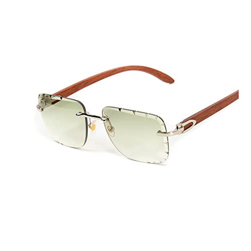 Square Silver Metal Frame Gem Cut Rimless Trendy Mint Green Gradient Tint Unisex Sun Glasses Men's Retro 90's Hip Hop Woodgrain Rectangle Frameless Diamond Cut Lens Wood ArmShades Sunglasses