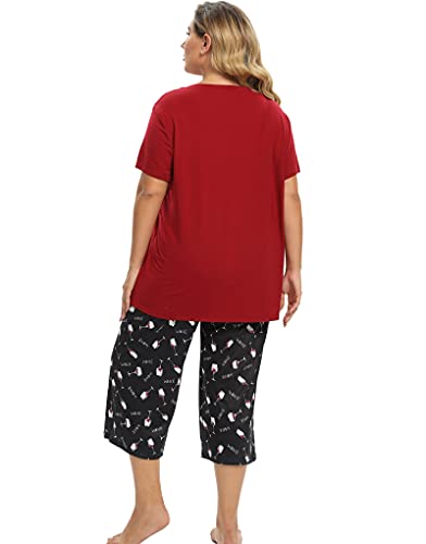 Image of Vozanet Women's Pajamas Set Soft V Neck Sleepwear Top and Capri Pj Lounge Sets Cartoon Heart Shape Cat Nighty Plus Size
