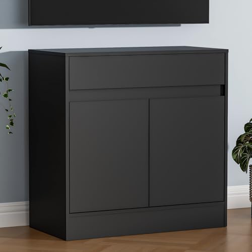 Image of Housoul Buffet Cabinet with 2 Doors and Drawer, Coffee Bar Cabinet with Adjustable Shelf, Modern Kitchen Buffet Sideboard for Living Room, Kitchen, Black