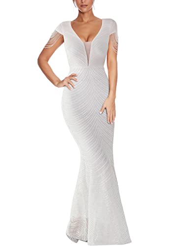 Image of Women 1920s Plus Size Formal Dress Tassels Sleeve Sequins Gatsby Maxi Evening Gown