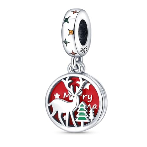 Image of 925 Sterling Silver Merry Christmas Reindeer Double Disc Dangle Bead Charm For Pandora Bracelets Charms Necklace | Cubic Zirconia Enamel | Gift Boxed