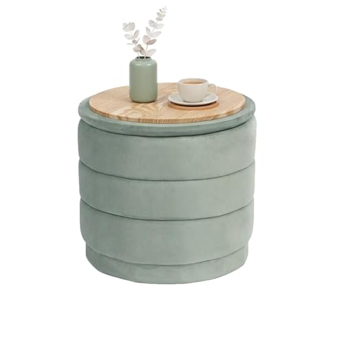 Bonlife Runde Ottomane mit Deckel, klappbare Fußstütze mit Tisch, Fußstütze, Fußhocker für Wohnzimmer, Schlafzimmer, Flur, Salbeiblaue Samt,39x39x37cm