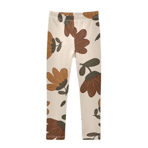 Orange Flowers Leaves Pattern Girls Leggings,Workout Leggings for Girls Toddler Athletic Leggings Size for 3-10T