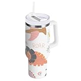 GuoChe Adorable Dinos - Vaso al vacío de 40 onzas con pajilla, resistente a fugas, bonita botella de agua de boca ancha, juego de tazas para la escuela, deportes, guardería, campamento y más