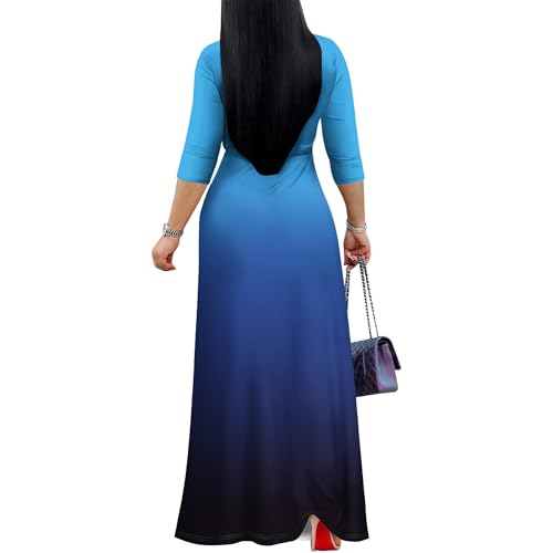 Image of PinkPatty Women's Plus Size Maxi Dress Casual 3 /4 Sleeve Dress with Belt | Soft stretch feel, printed style, flowy A-line fit, v neck, waist tie, side pockets, for vacation, party and daily wear
