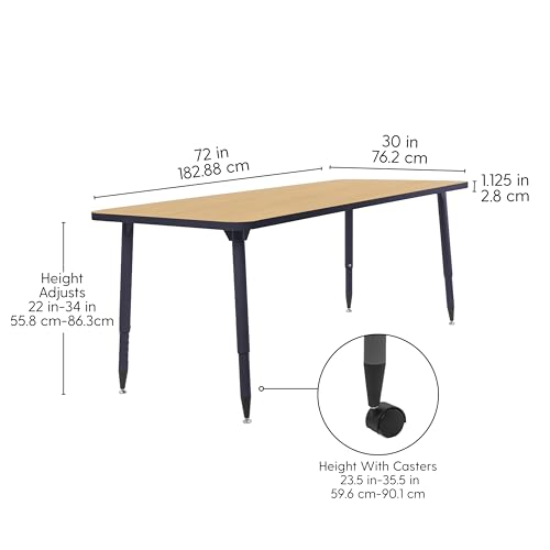 Image of Adapte Commercial Classroom Activity Table - 30 inch x 72 inch Rectangle, ADA Compliant Tapered Legs with Glides & Casters, Adjustable Height 22-34 inch Wheelchair Accessible, School & Office Furniture