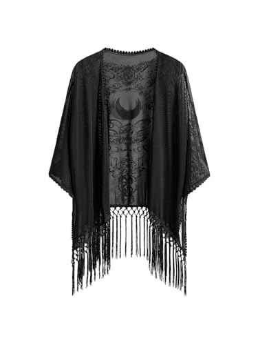 Women's Goth Graphic Open Front Kimonos Boho Hippie Fringe Sheer Mesh 3/4 Sleeve Beach Cover Up Cardigan